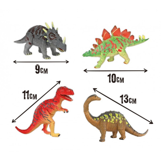 Dinosauří vejce s vykopávacími nástroji a čtyřmi dinosauřími figurkami – Tyranosaurus, Diplodocus, Stegosaurus a Styracosaurus.