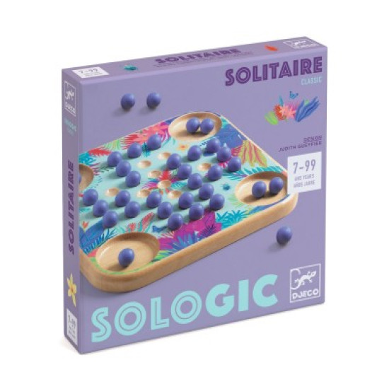 SOLOGIC Solitaire – dřevěný hlavolam s jednou správnou kuličkou na hrací ploše, s jemnými rostlinnými ilustracemi.