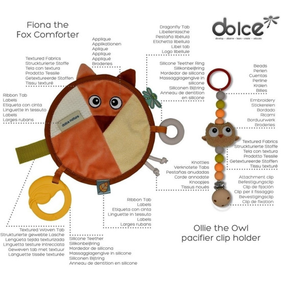 Senzorická hračka Liška a přívěsek na dudlík s kousátkem pro rozvoj smyslů Dolce