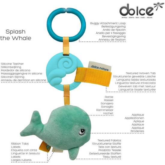 Senzorická závěsná hračka s kousátkem Velryba pro rozvoj smyslů Dolce