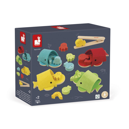 Dřevěná hračka díky které se vaše dítě naučí barvy a to tříděným barevné potravy do úst velryby pomocí dřevěné pinzety!