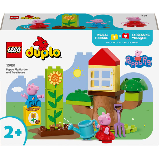 LEGO® DUPLO® Prasátko Peppa – Zahrada a Dům na Stromu s Pepou a Tomem prozkoumající zahradu.