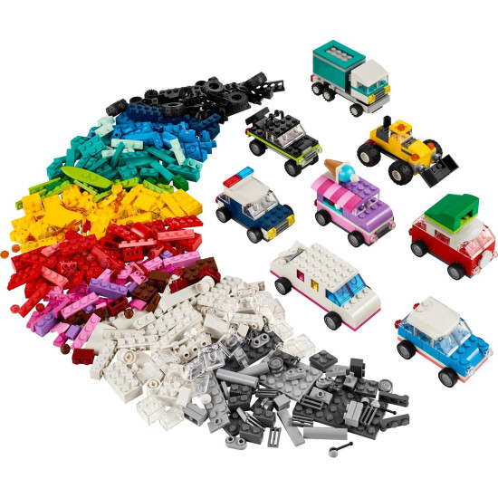 LEGO® Classic Tvořivá vozidla (11036) – stavebnice s 900 kostkami a 52 kolečky pro stavění různých barevných vozů pro děti od 5 let.