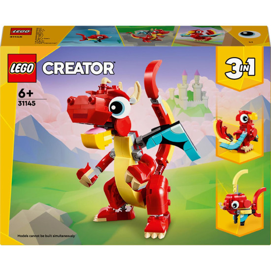 Creator 3 v 1 (31145) s červeným drakem, fénixem a rybou, obsahuje polohovatelné zvířecí modely s barevnými detaily, ideální pro děti od 6 let pro kreativní stavění a dobrodružné hry.