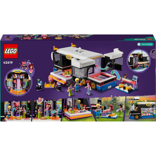 LEGO® Friends Autobus pro turné popových hvězd s interiérem, zákulisím a 4 postavičkami, ideální pro děti od 8 let.