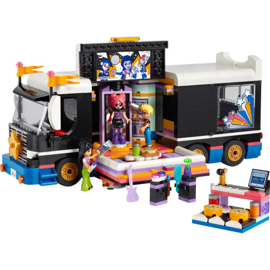 LEGO® Friends Autobus pro turné popových hvězd s interiérem, zákulisím a 4 postavičkami, ideální pro děti od 8 let.