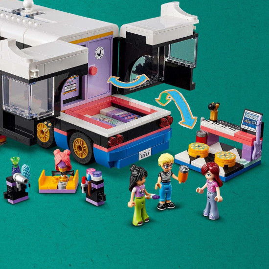 LEGO® Friends Autobus pro turné popových hvězd s interiérem, zákulisím a 4 postavičkami, ideální pro děti od 8 let.