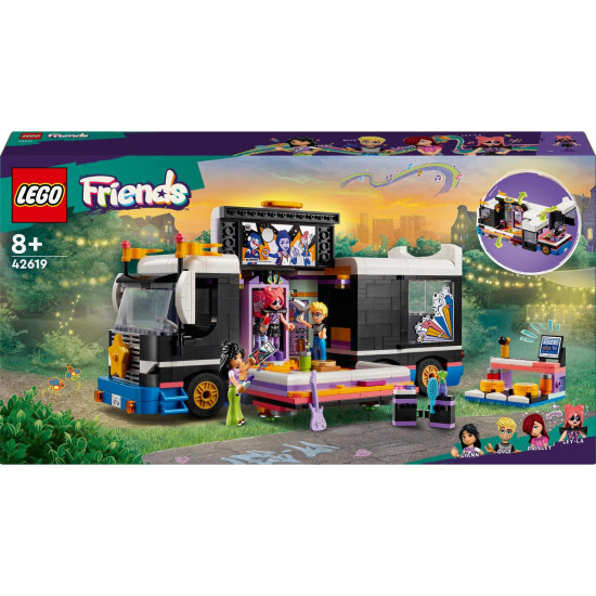 LEGO® Friends Autobus pro turné popových hvězd s interiérem, zákulisím a 4 postavičkami, ideální pro děti od 8 let.