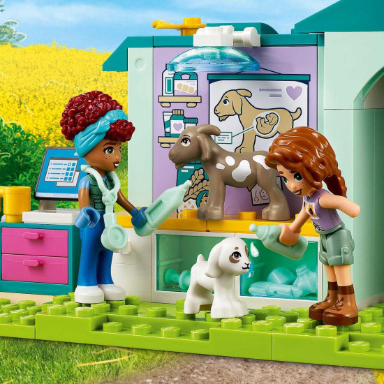 Dvě minipanenky LEGO Friends, Autumn a veterinářka Gabriela, pečují o zvířátka na veterinární klinice. Jsou obklopeny figurkami kůzle, kočky a psa a používají stůl, váhy, počítač a lampu na vyšetření. 