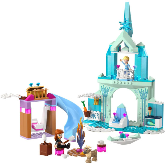 LEGO stavebnice Ledové království: Elsa a hrad s minifigurkami Elsy a Anny, zvířátky Bruniho a malého soba, kuchyní, krbem, houpačkou, skluzavkou, táborákem a ledovou kánoí. 