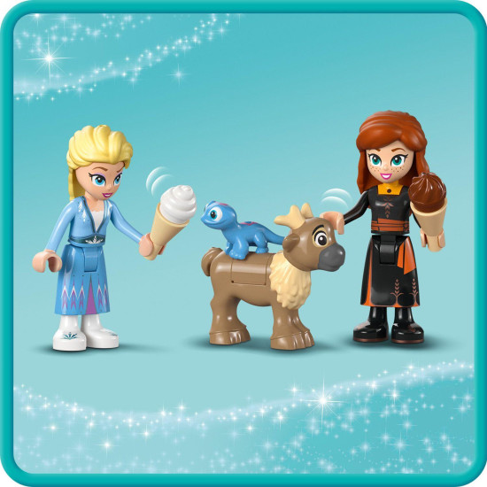 LEGO stavebnice Ledové království: Elsa a hrad s minifigurkami Elsy a Anny, zvířátky Bruniho a malého soba, kuchyní, krbem, houpačkou, skluzavkou, táborákem a ledovou kánoí. 