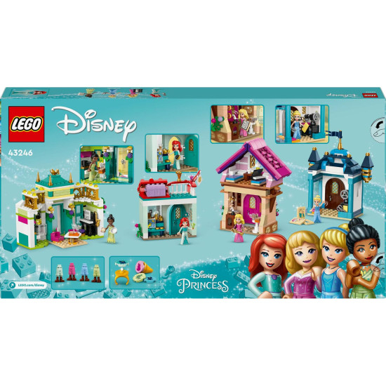 LEGO® stavebnice Disney princezny s trhem, obsahující minifigurky Tiany, Aurory, Popelky a Ariel, sběratelské prsteny a různé herní doplňky. Model zobrazuje trh s květináčem, lavičkou a fontánou.