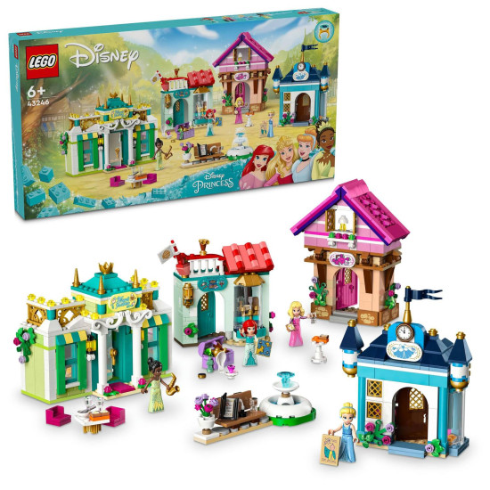 LEGO® stavebnice Disney princezny s trhem, obsahující minifigurky Tiany, Aurory, Popelky a Ariel, sběratelské prsteny a různé herní doplňky. Model zobrazuje trh s květináčem, lavičkou a fontánou.