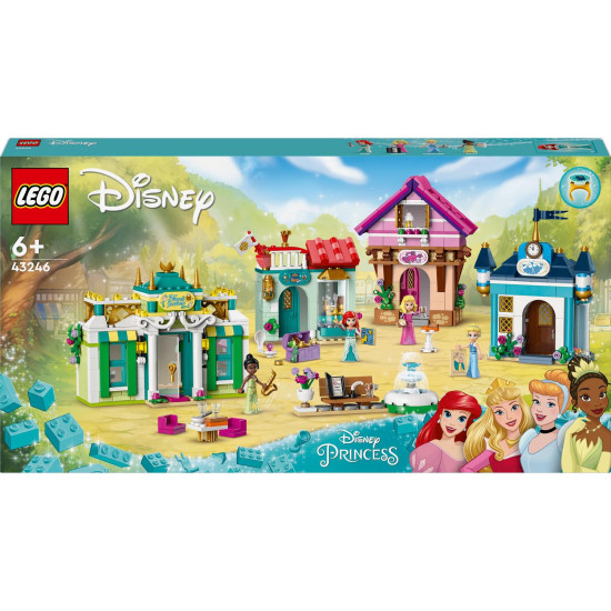 LEGO® stavebnice Disney princezny s trhem, obsahující minifigurky Tiany, Aurory, Popelky a Ariel, sběratelské prsteny a různé herní doplňky. Model zobrazuje trh s květináčem, lavičkou a fontánou.