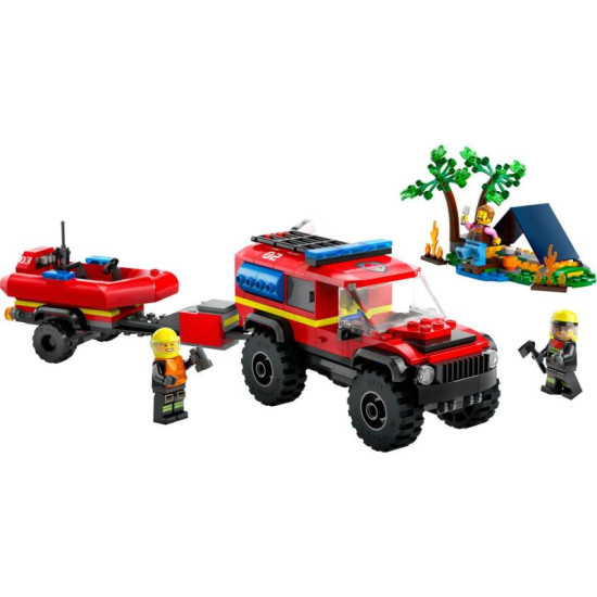 LEGO CITY Hasičské auto 4x4 s přívěsem a záchranným člunem připravené k akci v přírodě