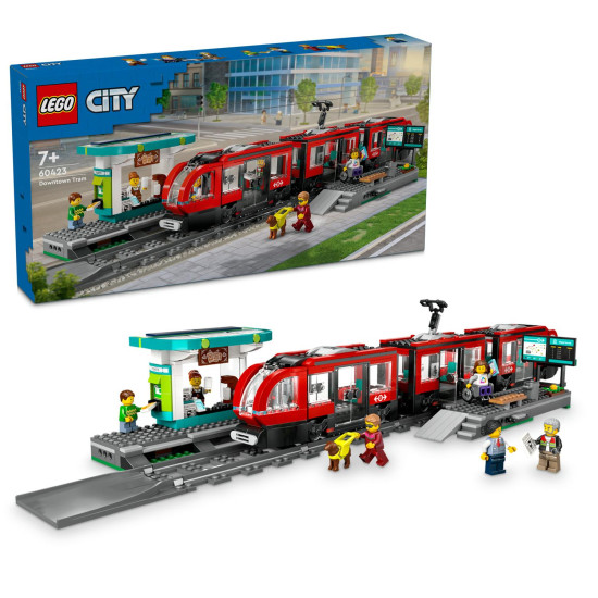 LEGO City tramvajová zastávka s kavárnou, automatem na lístky a prostornou tramvají se 2 kabinami pro řidiče a pohodlnými sedadly pro cestující.