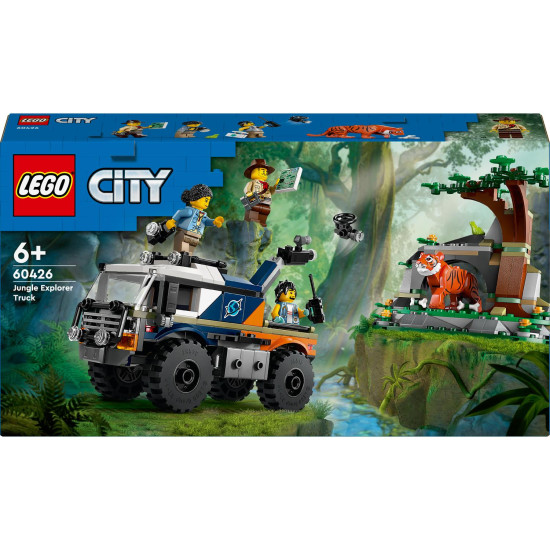 LEGO City terénní vůz s robustními pneumatikami a ramenem s fotoaparátem, průzkumníci v džungli sledují tygra, doplněné o dalekohled, vysílačku, mapu a průzkumný dron pro dobrodružný průzkum.