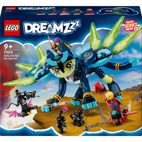 Stavebnice LEGO® DREAMZzz™ Zoey a mačkosova Zian (71476) s hrdinkou Zoey, kočkosem Zianem a Nočním lovcem, včetně doplňků jako střílející luk a létající motorka.