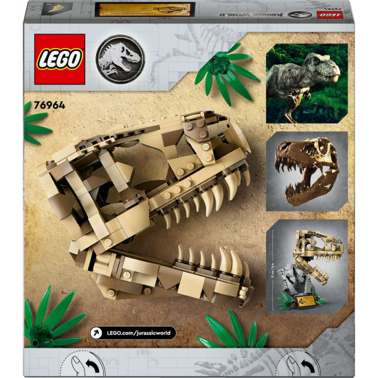 LEGO® Jurassic World stavebnice s lebkou T-Rexe a fosiliemi pro děti, která obsahuje stojan s informační cedulkou, otevírací čelist a skrytý „jantarový“ dílek.