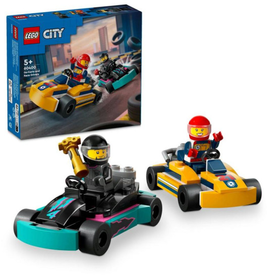 Zahraj si napínavou soutěž s těmito motokárami a jejich závodníky s LEGO City Motokáry s řidiči.