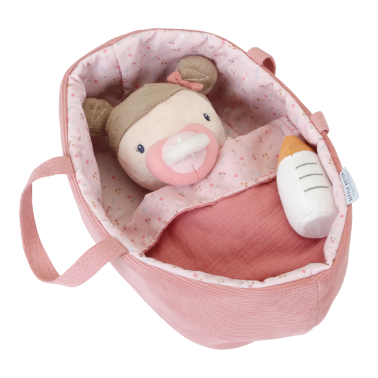 Originální měkká panenka s příslušenstvím Baby Rosa s přenosným košíkem na spaní.