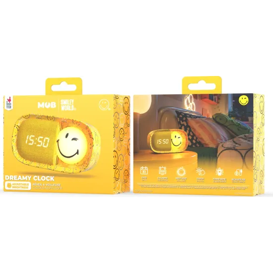 Dětský budík a noční světlo MOB Dreamy Clock Smiley žlutá