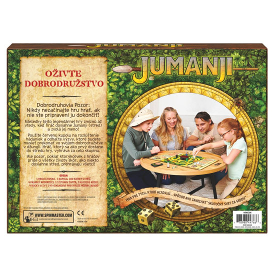 Hra Jumanji SK: Zábava s dekodérem, kartami nebezpečí a přesýpacími hodinami.