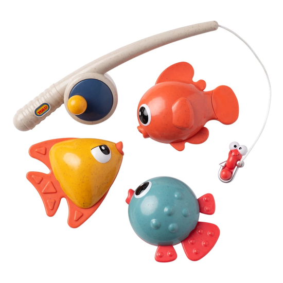 Zábavné magnetické rybičky set s udicí s navijákem, 3 barevné rybičky a magnetický červík.