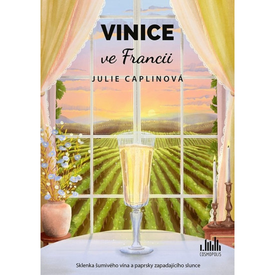 Sklenka šumivého vína a paprsky zapadajícího slunce s novým příběhem Vinice ve Francii.