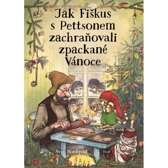 Zraněný děda Pettson a kocour Fiškus při vánočních přípravách – stromeček a jídlo jsou v ohrožení.