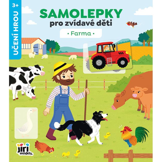 Barevná samolepková knížka Farma s obrázky zvířat, strojů a úkoly k vyplnění.