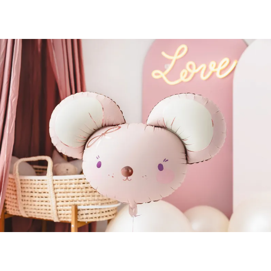 Narozeninový balónek ve tvaru myšky světle růžové barvy.