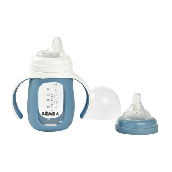 Skleněná kojenecká láhev se silikonovým dudlíkem a silikonovým náustkem pro děti od 4 měsíců.