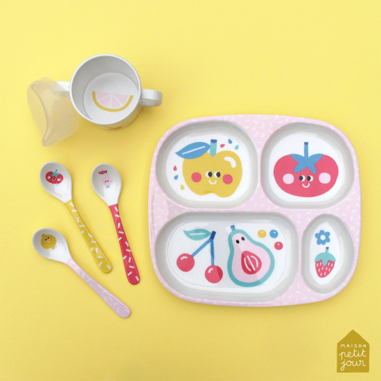 Růžový melaminový dělený talíř pro děti 4 části Tutti Frutti Petit Jour 