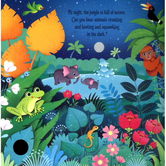 Zvuková knížka, ve které děti můžou mačkat tlačítka, aby slyšely nádherné zvuky z džungle.