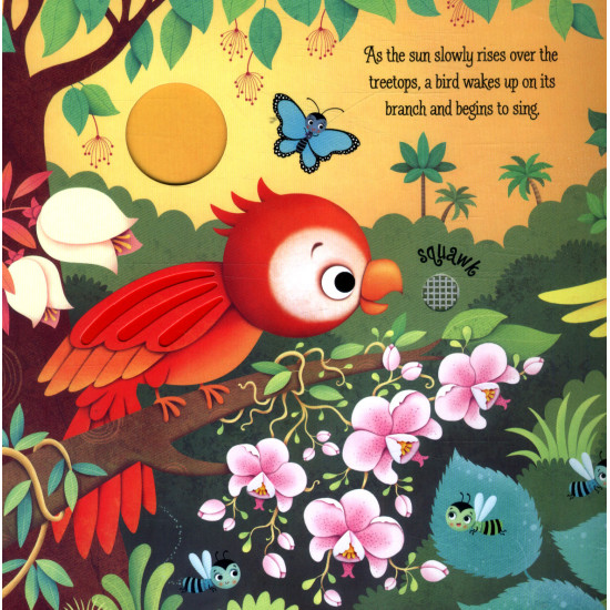 Zvuková knížka, ve které děti můžou mačkat tlačítka, aby slyšely nádherné zvuky z džungle.