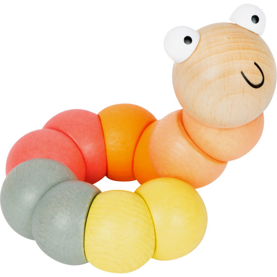 Dřevěná hračka ve tvaru červíku je odolná a jejím ohýbáním si děti trénují jemnou motoriku.