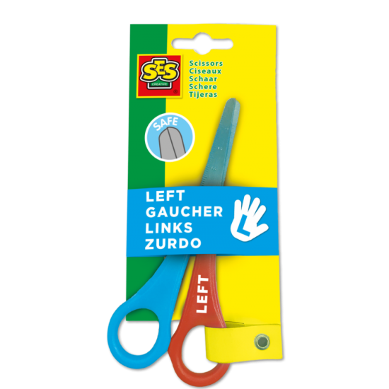 Dětské nůžky pro levoruké od značky SES jsou bezpečné díky zaobleným špičkám. 