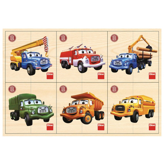 Sada šesti dřevěných dětských skládaček s motivem nákladních automobilů značky Tatra.