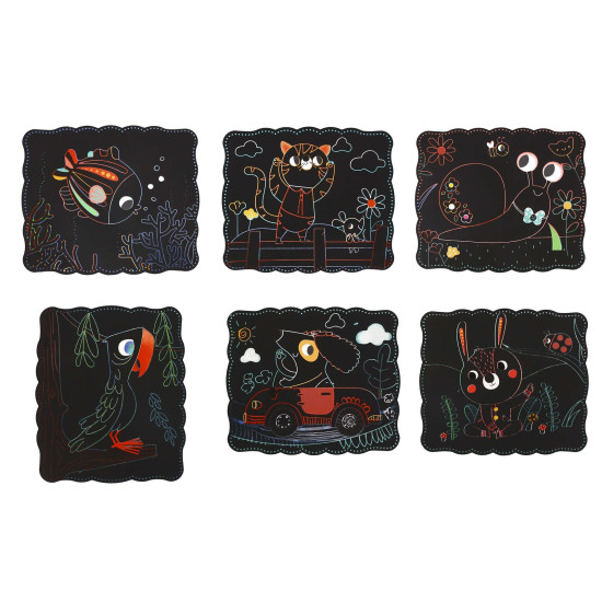 V kreativním setu naleznete 6 speciálních karet s obrázky zvířátek pokrytými speciální černou vrstvou. 