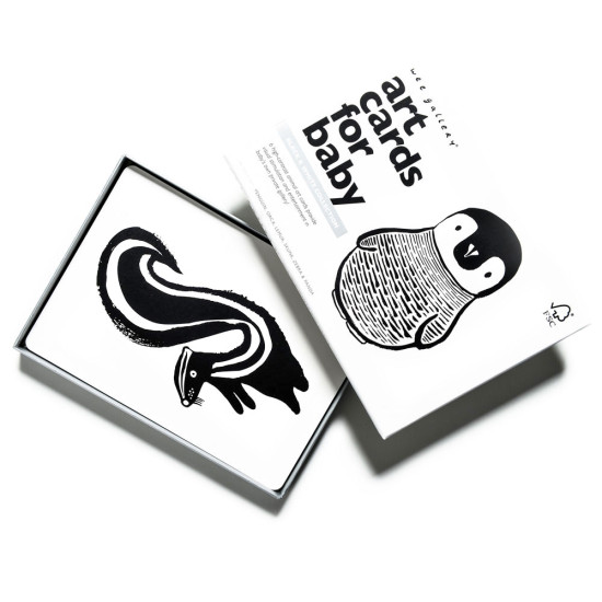 Velké kontrastní kartonové kartičky s černobílým motivem zvířátek pro rozvoj dítěte.