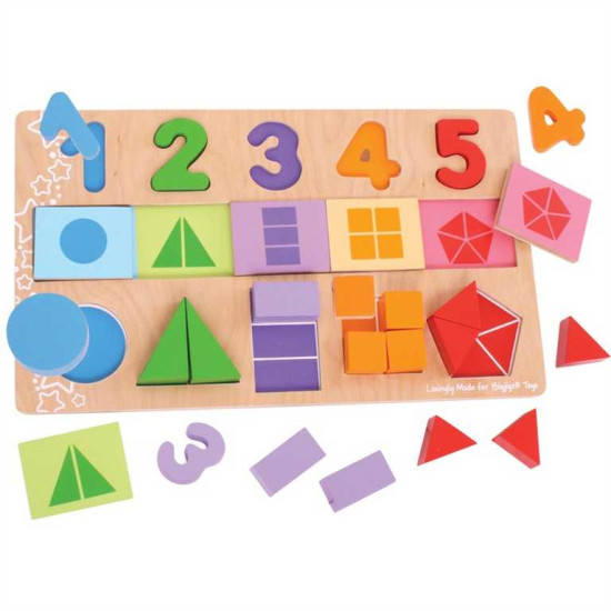 Velká vkládací deska umožňuje děťátku procvičovat - čísla od 1-5, základní barvy a tvary.