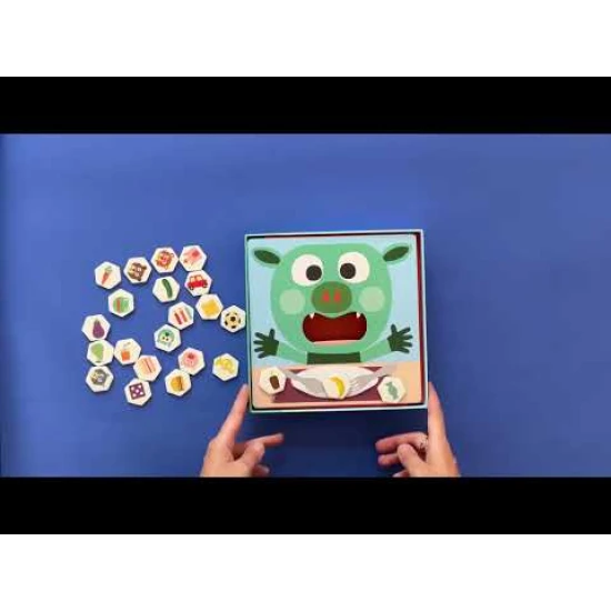 Ilustrace kooperativní paměťové hry Bobův oběd s hrací deskou a žetony předmětů.