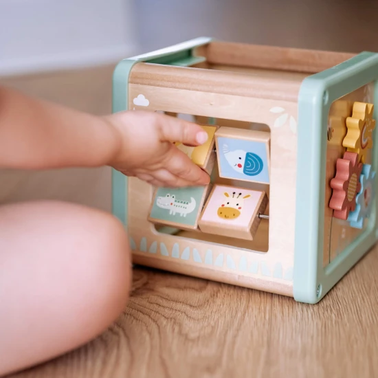 Dřevěná motorická kostka s aktivitami Louka Tooky Toy