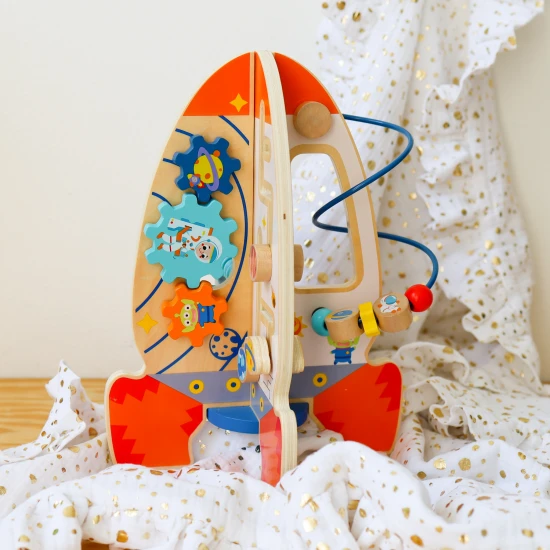 Dřevěná Raketa Motorická hračka s aktivitami Tooky Toy