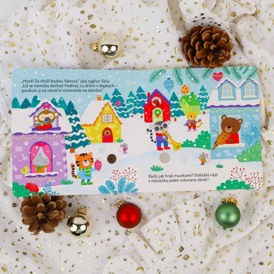Pojďme společně ozdobit stromek a najít všechny poschovávané dárky v tomto vánočním leporelu se zvuky.