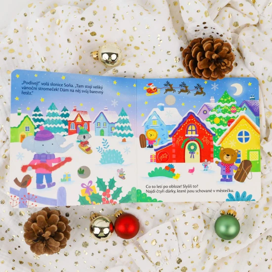 Pojďme společně ozdobit stromek a najít všechny poschovávané dárky v tomto vánočním leporelu se zvuky.