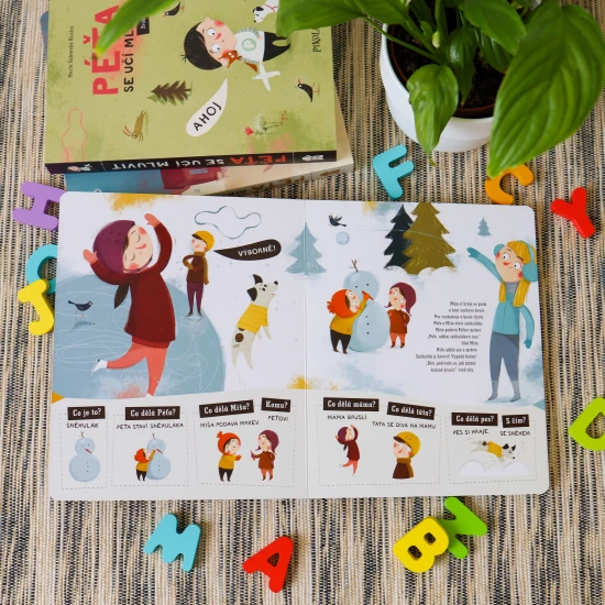 Pikola Péťa povídá ve větách Malý Péťa je zpátky i se svou rodinou, a právě se učí mluvit ve větách. Kniha rozvíjí slovní zásobu a používané věty.