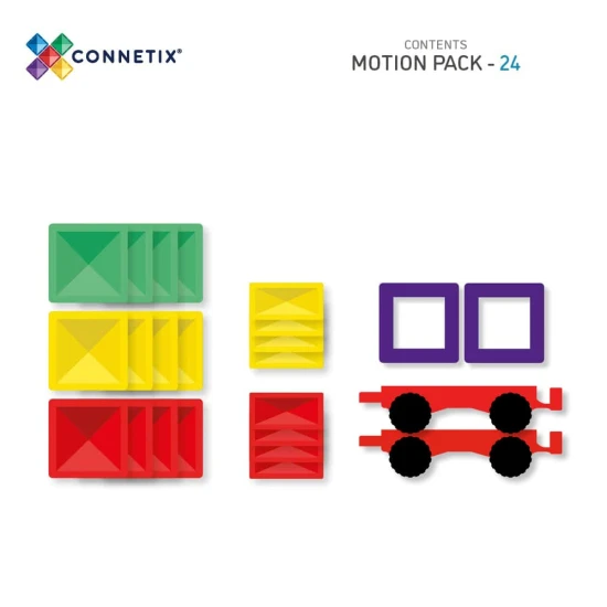 CONNETIX 24dílná Rainbow Motion Pack sada – Vozidla s gumovými koly a magnetickými dlaždicemi pro kreativní stavění a pohyb.