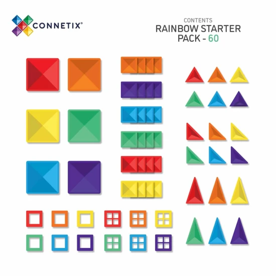 CONNETIX 60dílný Rainbow Starter Pack Set – Různé tvary a barvy pro kreativitu a vzdělávací hru s magnetickými dlaždicemi.